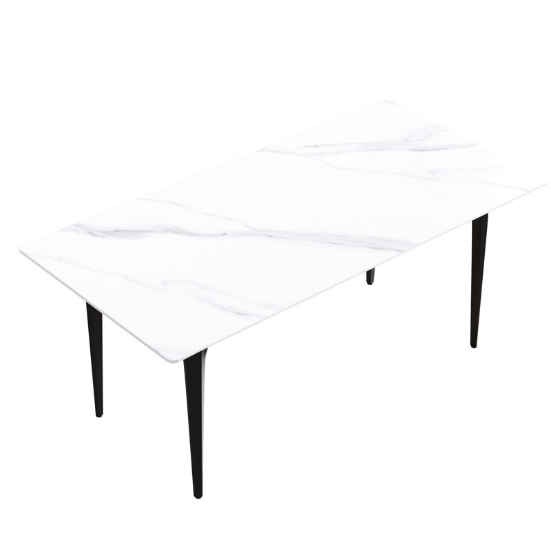 Table de salle à manger blanche moderne 69,24 po - Fabrication en pierre frittée, pieds en métal noir, peut accueillir 6 à 8 personnes, matériau incombustible, bureau rectangulaire sécuritaire et fiable de 12 mm d'épaisseur, haute température