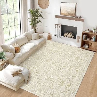 Vintage Machine Washable Area Rug Soft Non Slip Thin Floor Carpet, Low Pile Non Shedding Rug, Stain Resistant Printed Rug for Bedroom Living Room
