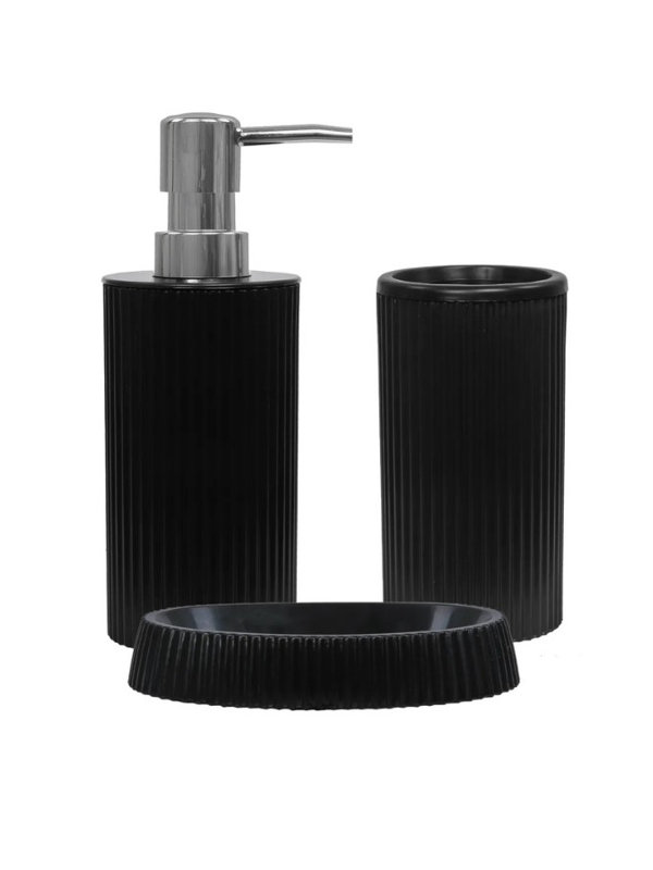 Ensemble de salle de bain élégant 3 pièces, noir | 100% plastique durable, comprend: 6,9 x 2,6 x 2,0 pouces, 4,9 x 2,6 x 0,8 pouces, 5,9 x 1,0 x 5,1 pouces | Va au lave-vaisselle, idéal pour les salles de bain modernes, design élégant et fonctionnel