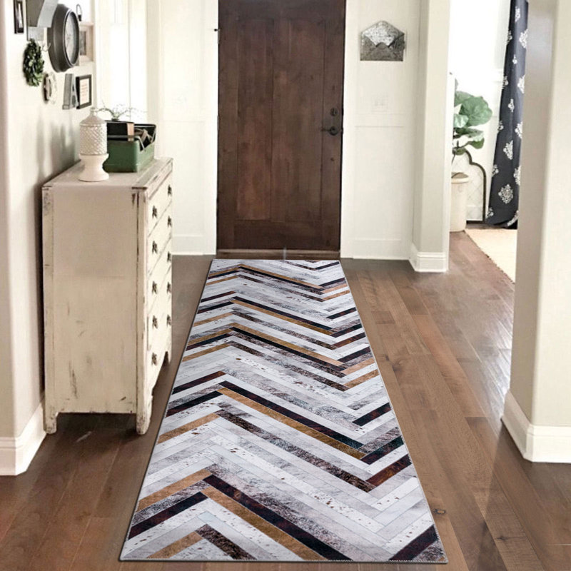 Tapis à rayures géométriques moderne lavable à la machine brun / ivoire multicolore, Tapis de couloir 2 pi 6 po x 9 pi