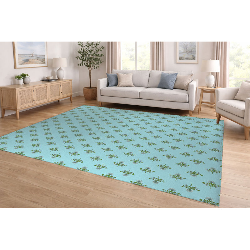 Tapis ultra-mince à profil bas Flora, Blue, Rectangulaire 8 pi x 10 pi