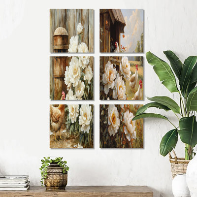 Farm Peonies At The Chicken Feeder - Floral Wall Decor Set Of 6