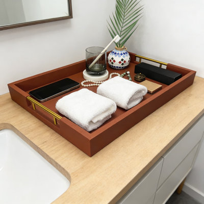 Faux Leather Wrapped Wood Serving Tray With Metal Handles - Decorative Ottoman Tray For Coffee Table, Breakfast In Bed, And Home Decor Organizer