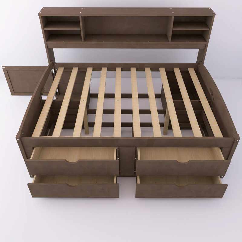 78'' Full Size Wood Daybed With 2 Bedside Cabinets, Upper Shelves And 4 Drawers, Antique Brown