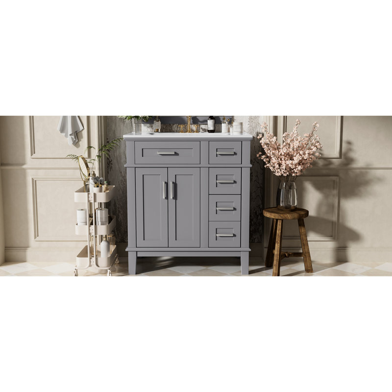Meuble-lavabo moderne de 30 pouces avec lavabo en céramique, portes à fermeture douce, tiroirs profonds et standard pour petits espaces de rangement, meuble-lavabo à poignées argent, tiroir d'évier design, espaces compacts