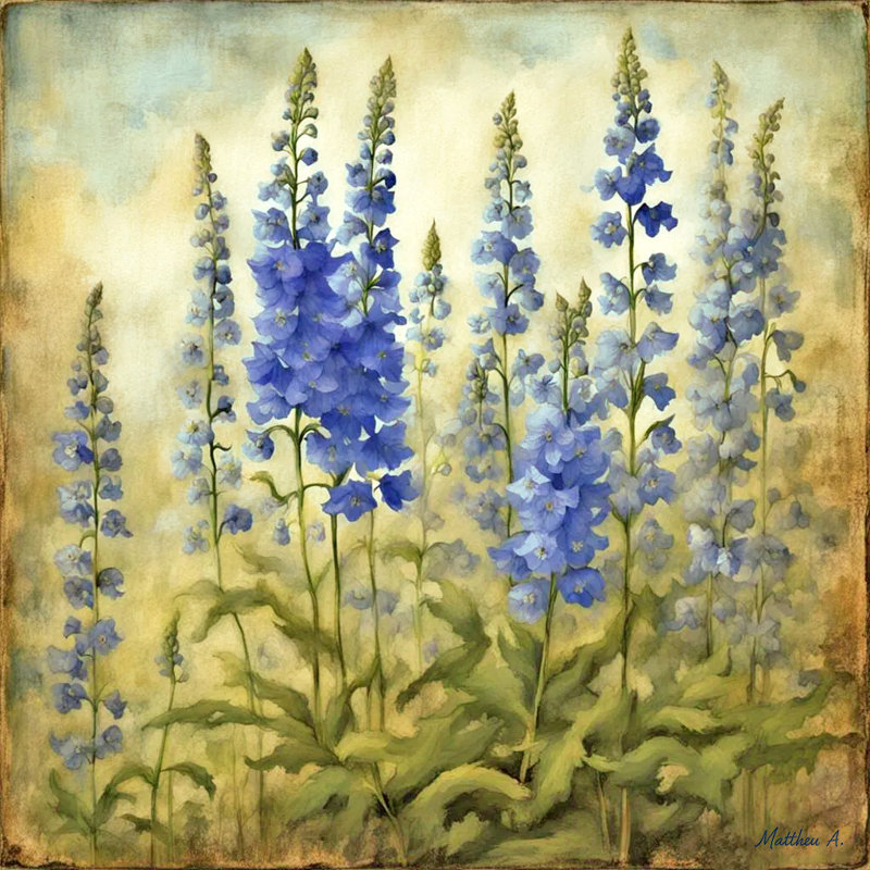 Blue Delphinium Serenity - Botanical Elegance, toile tendue, H 12 po x l 12 po