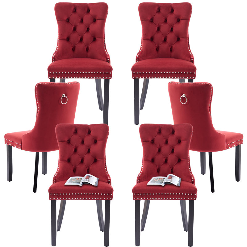 Wine Velvet Tufted Upholstered Dining Chairs with Wood Legs, Set of 6