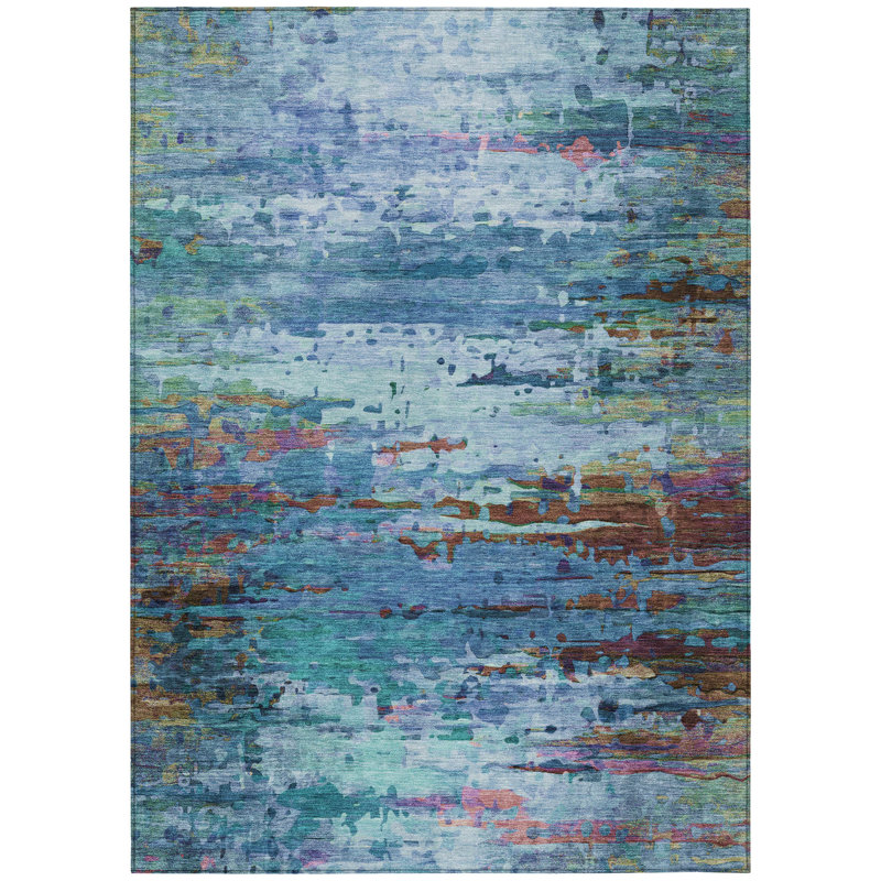 Machine Washable Indoor/Outdoor Xhevrie Blue Rug, Rectangle 2'6" x 3'10"