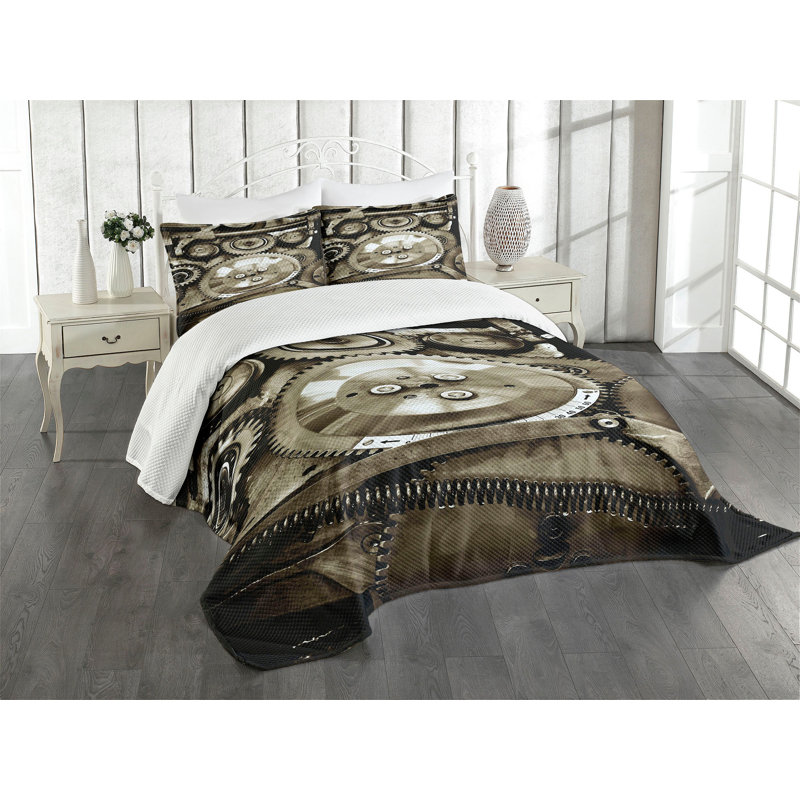 Ambesonne Industrial Bedspread Set Aged Gears Sepia, King Bedspread + 2 Standard Shams