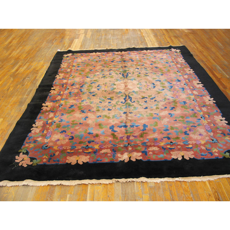Chinese - Art Deco Knotted Rectangle 1930s Wool Coral Room Size Antique Rug