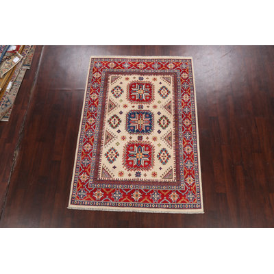Tapis unique en laine noué à la main ivoire / rouge / bleu nouvel âge 5 pi x 7 pi 2 po