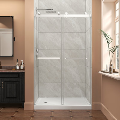 43 - 48 Inches Wide Brushed Nickel Double Bypass Shower Door, Design, Two Piece Handles For Hanging, Rust Hardware Inches, Nickel, , Handles, Waterproof Bottom Rail