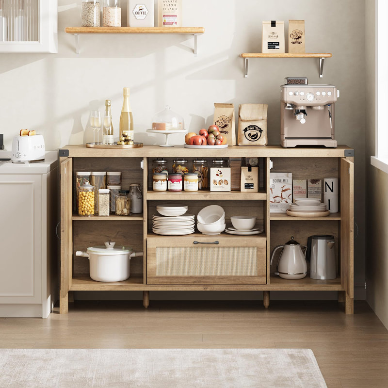 Sideboard Buffet Cabinet with Storage, 59" Large Rattan Storage Cabinet with Drawers, Farmhouse Coffee Bar Cabinet, Brown