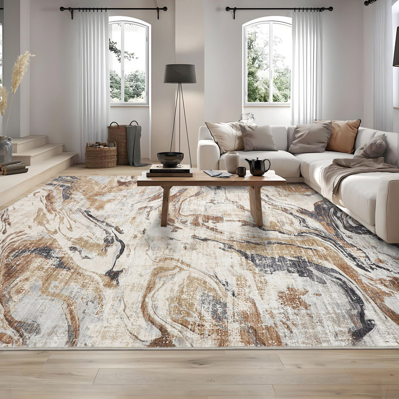 Tapis abstrait antidérapant pour salle de bain Randolph, Brun, Rectangle 6 pi x 9 pi