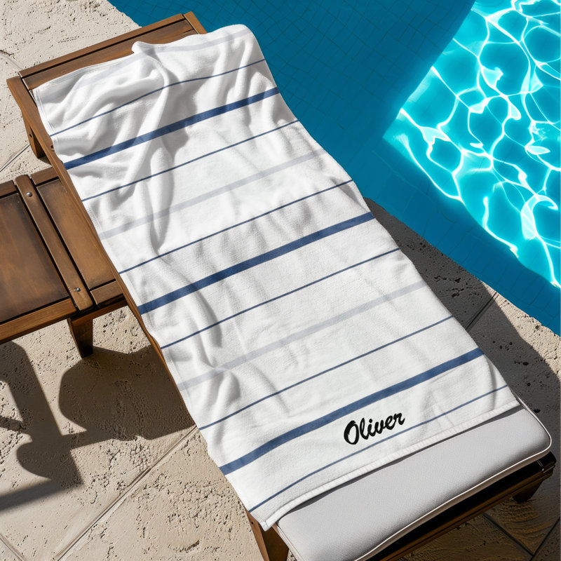 Serviettes de plage brodées personnalisées, 100% coton rayé marin, tissu éponge 30 po x 60 po, Bleu marine / blanc, Oui