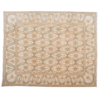 Tapis unique en laine noué à la main beige / sable / vert 9 pi x 11 pi
