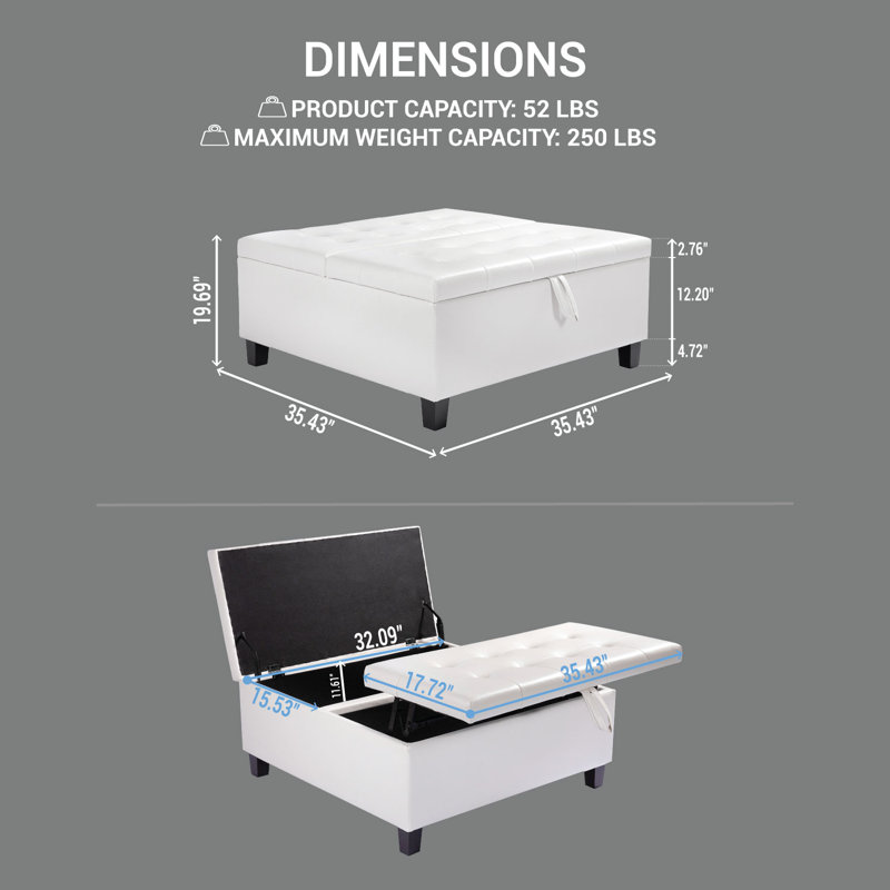 Grande table basse avec repose-pieds capitonné et capitonné avec rangement et dessus carré 35,43 po Ciara, Similicuir blanc