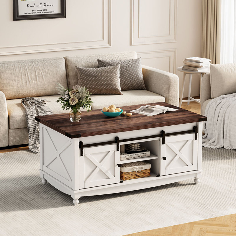 Givens Farmhouse Lift Top Coffee Table With Storage Sliding Barn Door, White