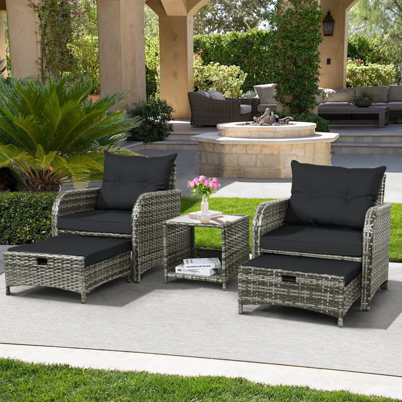 Constantino 2-Person Outdoor All-Weather Wicker Conversation Set with Ottomans and Tempered Glass Coffee Table