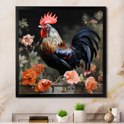 Vintage Rooster In The Flower Garden - Chicken Animal Wall Art