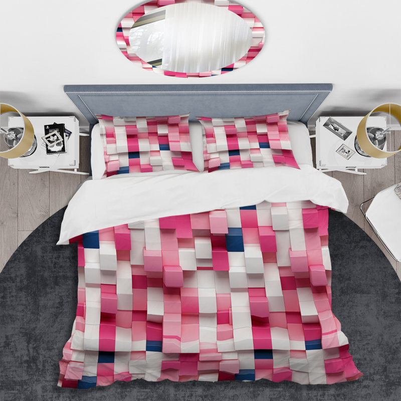 Ensemble de housse de couette rose et blanc Blockchain Blocks I, Housse de couette pour très grand lit et 2 très