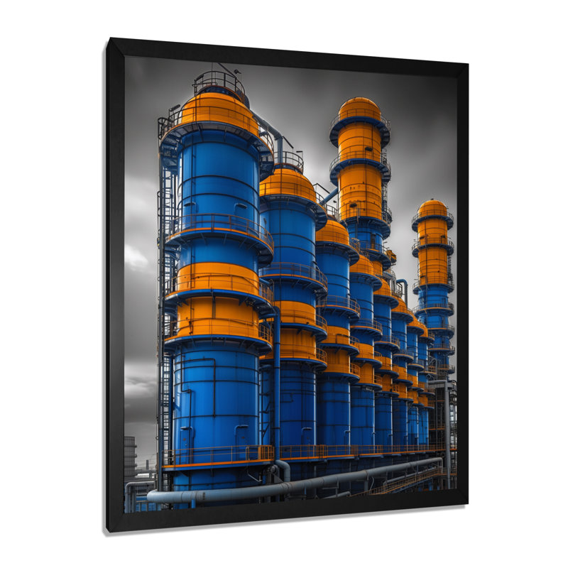 Art mural bleu et jaune de production - usines, Toile encadrée noire simple, H 32 po x l 16 po x P 1 po
