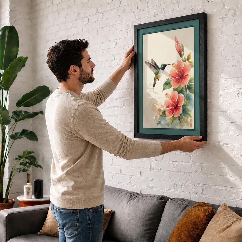 Hummingbird and Coral Blooms Botanical - Framed Print, A1 - 84.1 x 59.4 cm, Oak