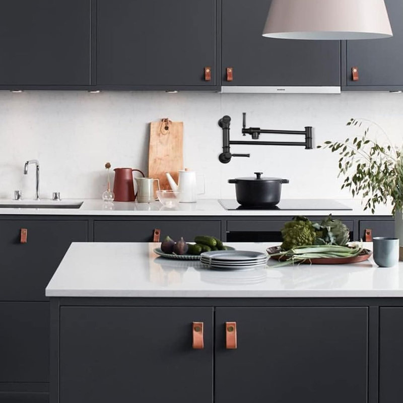 Wall Mounted Brass Two Handles Pot Filler Faucet, Matte Black