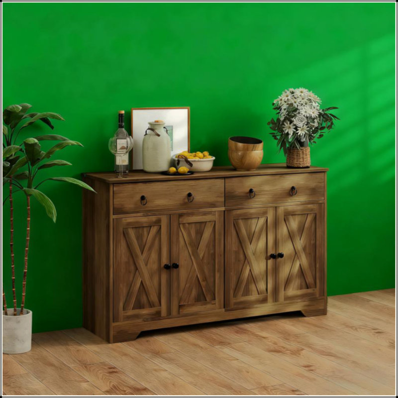 Kitchen Storage Sideboard With Barn Style Doors, Drawers, Adjustable Shelves, Light Brown