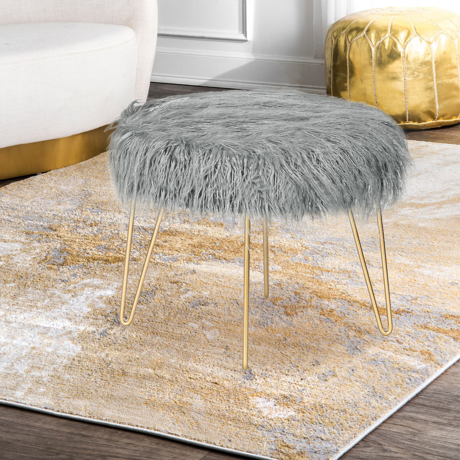 Modern Faux Fur Ottoman Footrest Stool Foot Rest Small Chair Seat Sofa  Couch