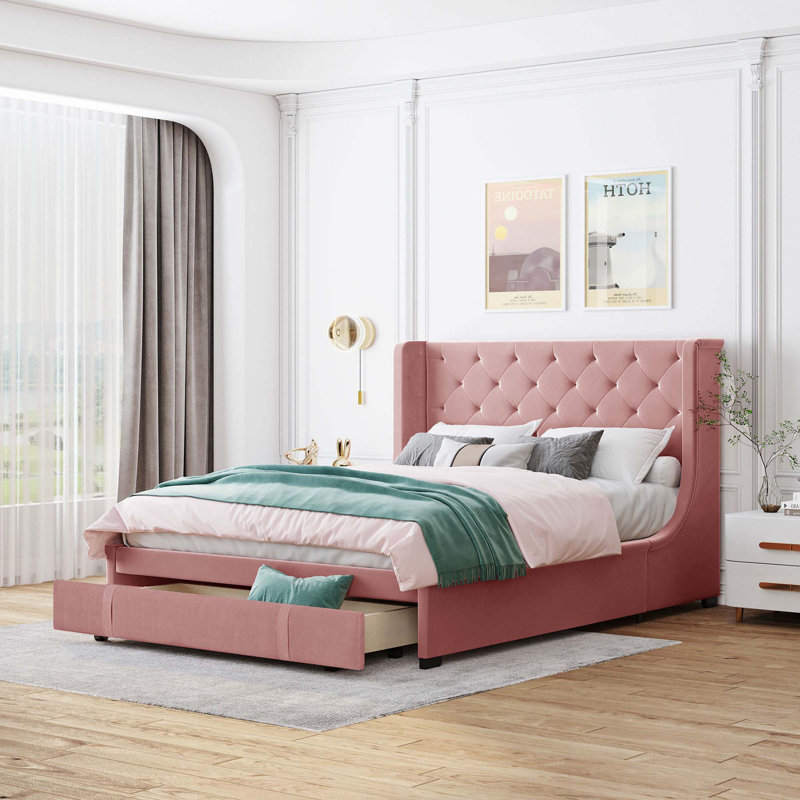 Grand lit plateforme en velours avec un grand tiroir, Rose