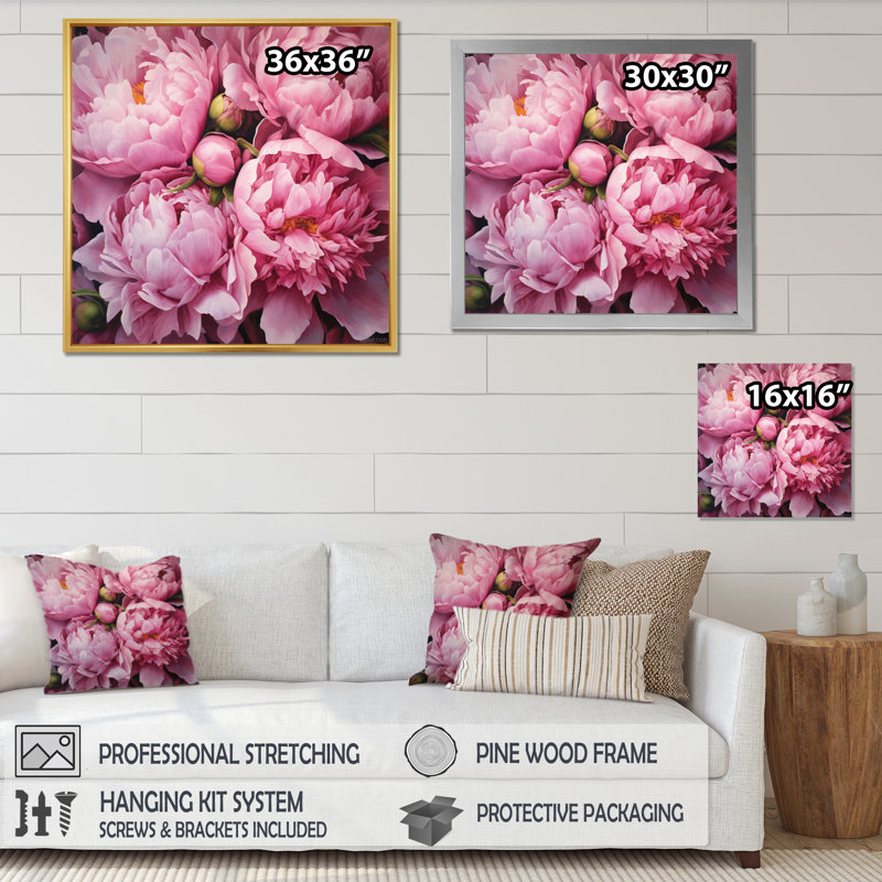 Pivoine rose verte captivante II - art floral sur toile, H 36 po x l 36 po x P 1,5 po, Cadre flottant blanc