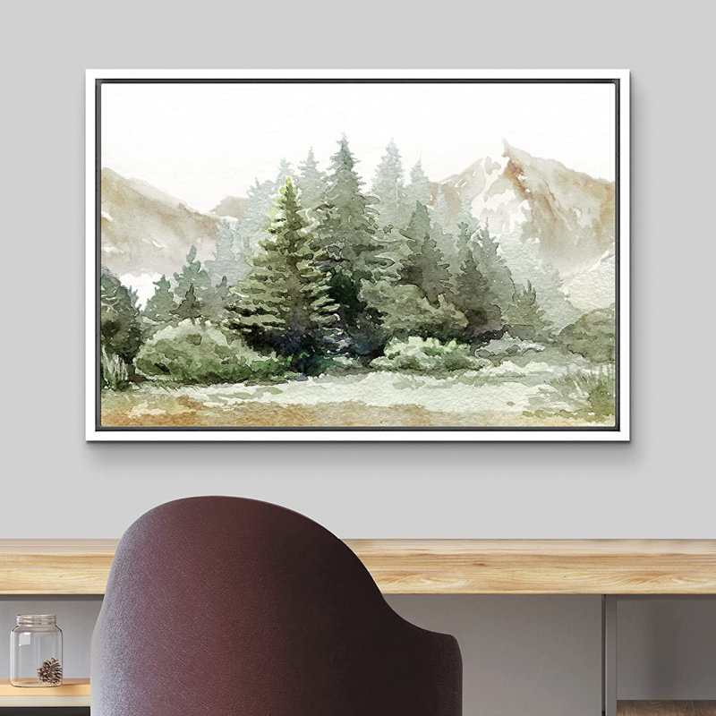 White Framed Watercolor Mountain and Pine Landscape Canvas Print