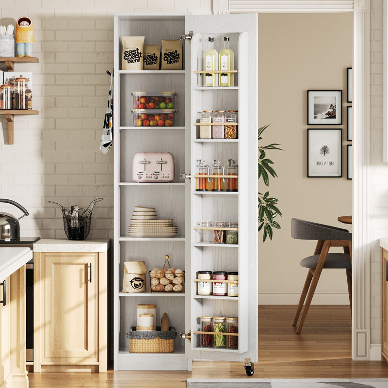 Garde-manger étroit avec 12 tablettes de rangement, armoire de rangement mince à porte simple de 72 po avec 6 tablettes réglables, support de porte et roulettes verrouillables 