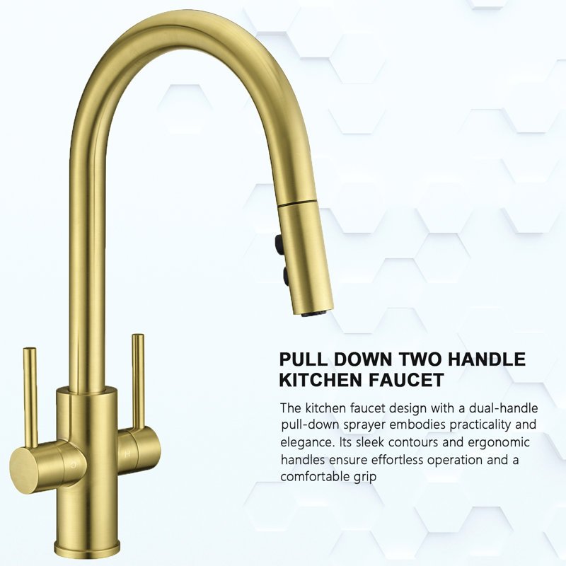 Pull-Down Sprayer Kitchen Sink Faucet, Double Handle Kitchen Faucet , Brushed Gold