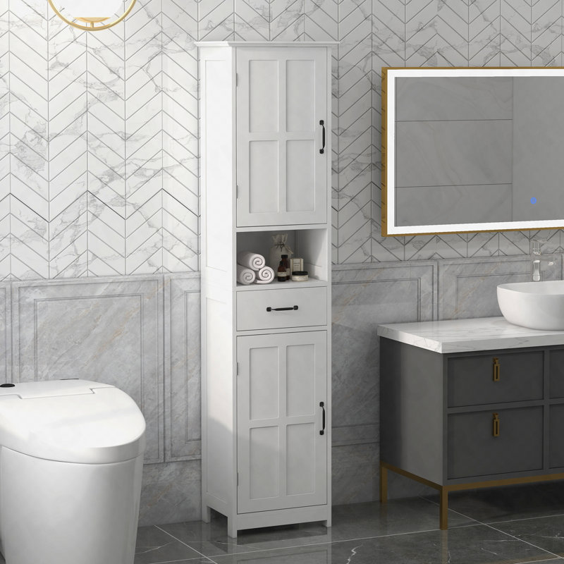 Armoire de rangement mince, armoire de salle de bain haute, tour à linge avec tablette ouverte, tiroir, portes encastrées et tablettes réglables, blanc