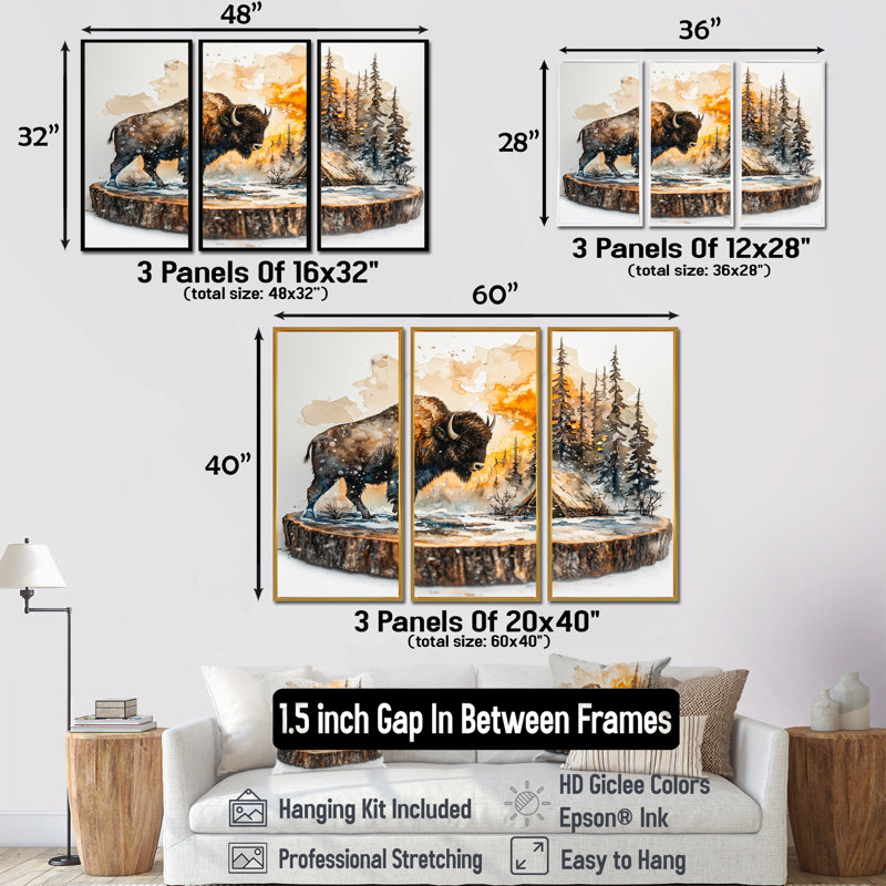 «Bison in Winter Forest Landscape I», art mural sur toile bison - ensemble de 3, Argent argent, H 32 po x l 48 po