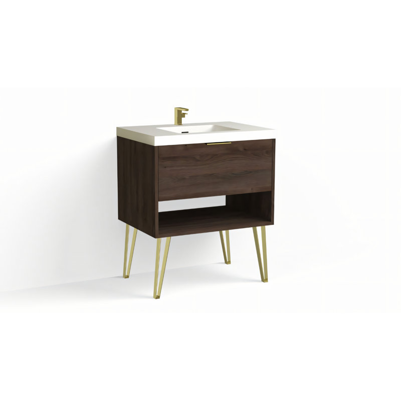 Modo 30" W Freestanding Single Bathroom Vanity with Dawson Leg, Nimbus, Satin Brass, Matte White/Single