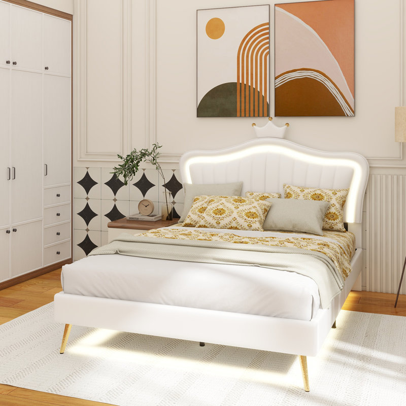 Structure de lit tapissier avec lumières DEL, lit princesse rembourré moderne avec tête de lit couronne, blanc et rose, Blanc