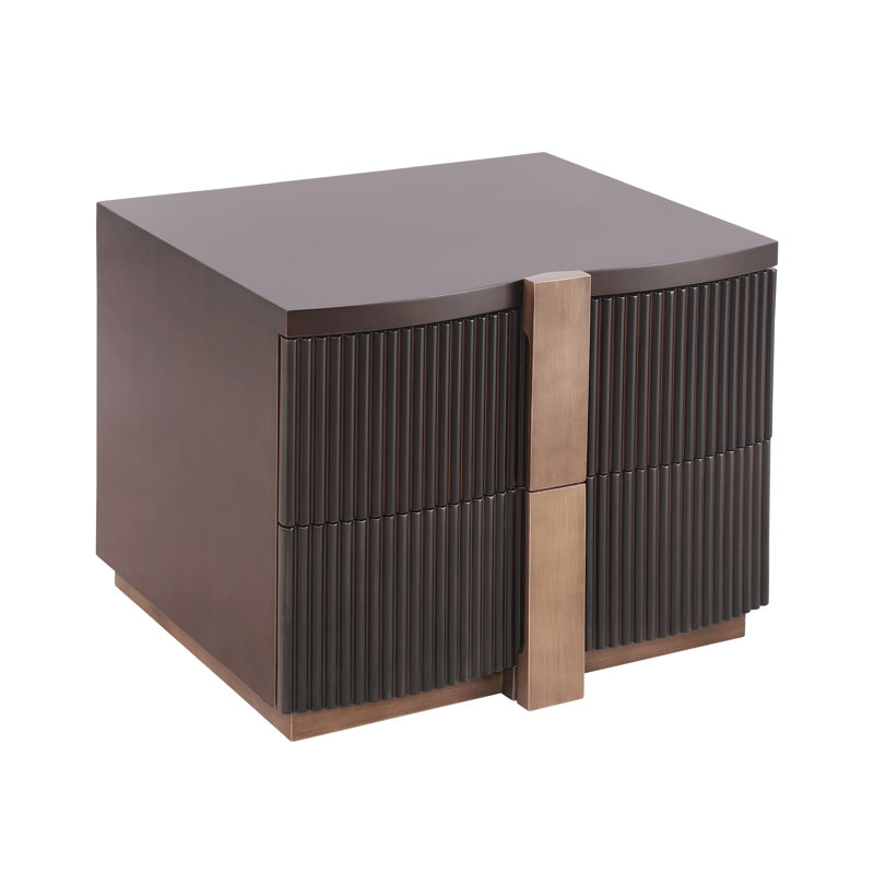 Table de chevet cannelée avec 2 tiroirs et base robuste Sunny Mordern, Marron foncé