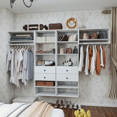White Modular Closet System 70.2'H x 109.2'W x 17.16'D with 2 rods,12 shelves and 4 drawers