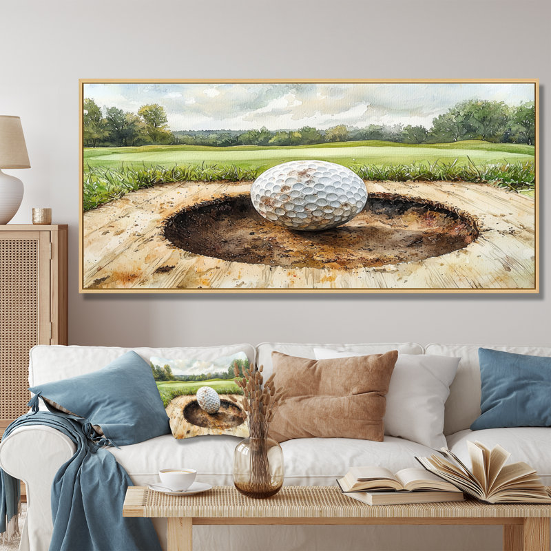 «Chassant le pin, paysage de golf I», reproductions encadrées de golf, H 28 po x l 60 po, Cadre flottant, Noir