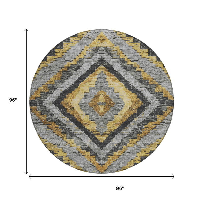 Tapis rond aztèque doré et gris de 2,44 m (8 pi), lavable, pour intérieur et extérieur