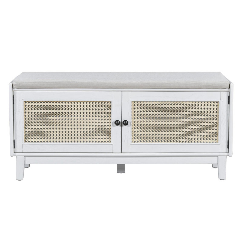 Boho Rattan Entryway Bench With Storage, Cushioned Shoe Bench With Double Doors, Wooden Shoe Organizer Bench For Entryway And Hallway (White+Beige )
