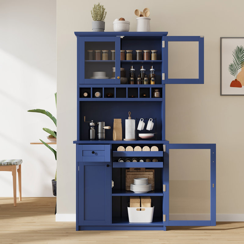 Buffet autoportant avec huche, grande armoire de rangement pour garde-manger avec support à vin et tablettes réglables pour la salle à manger