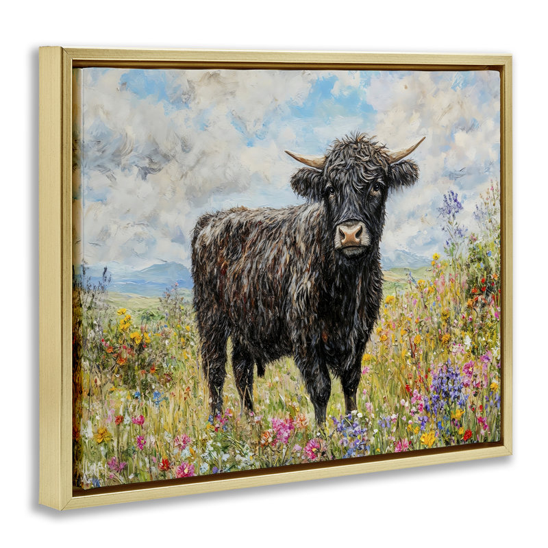 Art mural sur toile ceinturé "Galloway in Meadow" par Franklyn Gregory, H 25 po x l 31 po, Cadre flottant métallique doré