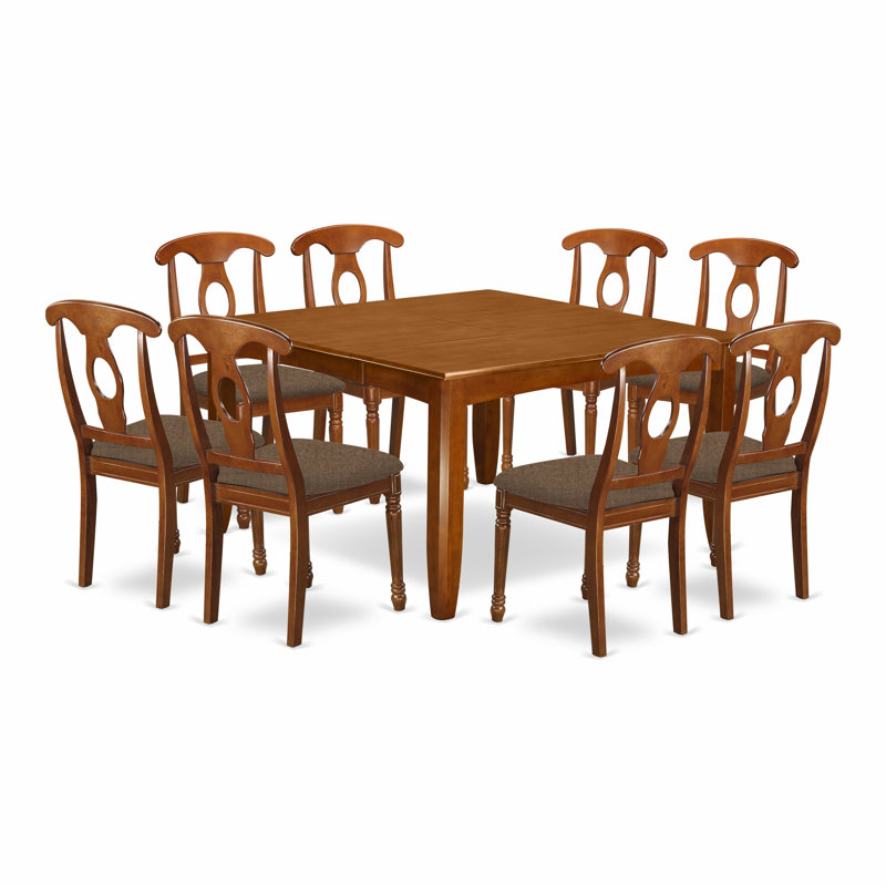 9 Piece Kitchen Table & Chairs Set Includes a Square Dining Table with Butterfly Leaf and 8 Linen Fabric Dining Room Chairs, Saddle Brown