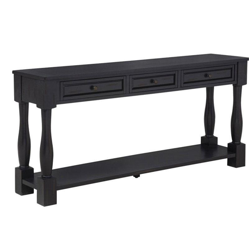 Console en bois de 63 po avec 3 tiroirs et tablette, style méditerranéen, pour entrée, finition de style transitionnel, salon