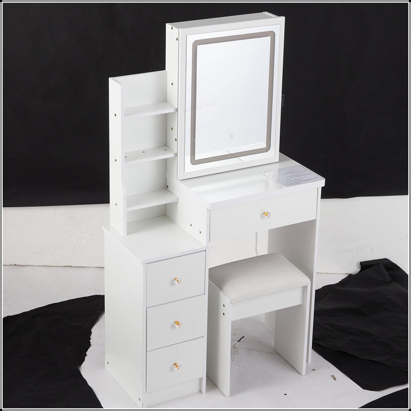 Ensemble de coiffeuse compact et polyvalent avec miroir à DEL avancé et rangement spacieux, Blanc