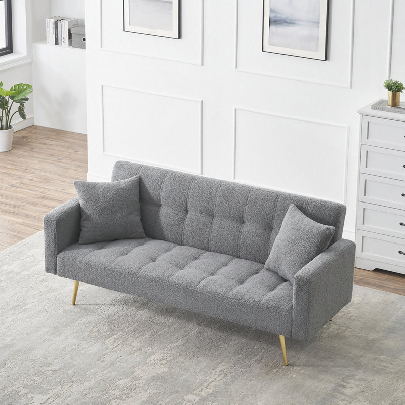 Canapé-lit 71,7 pouces en molleton gris avec deux coussins décoratifs inclus